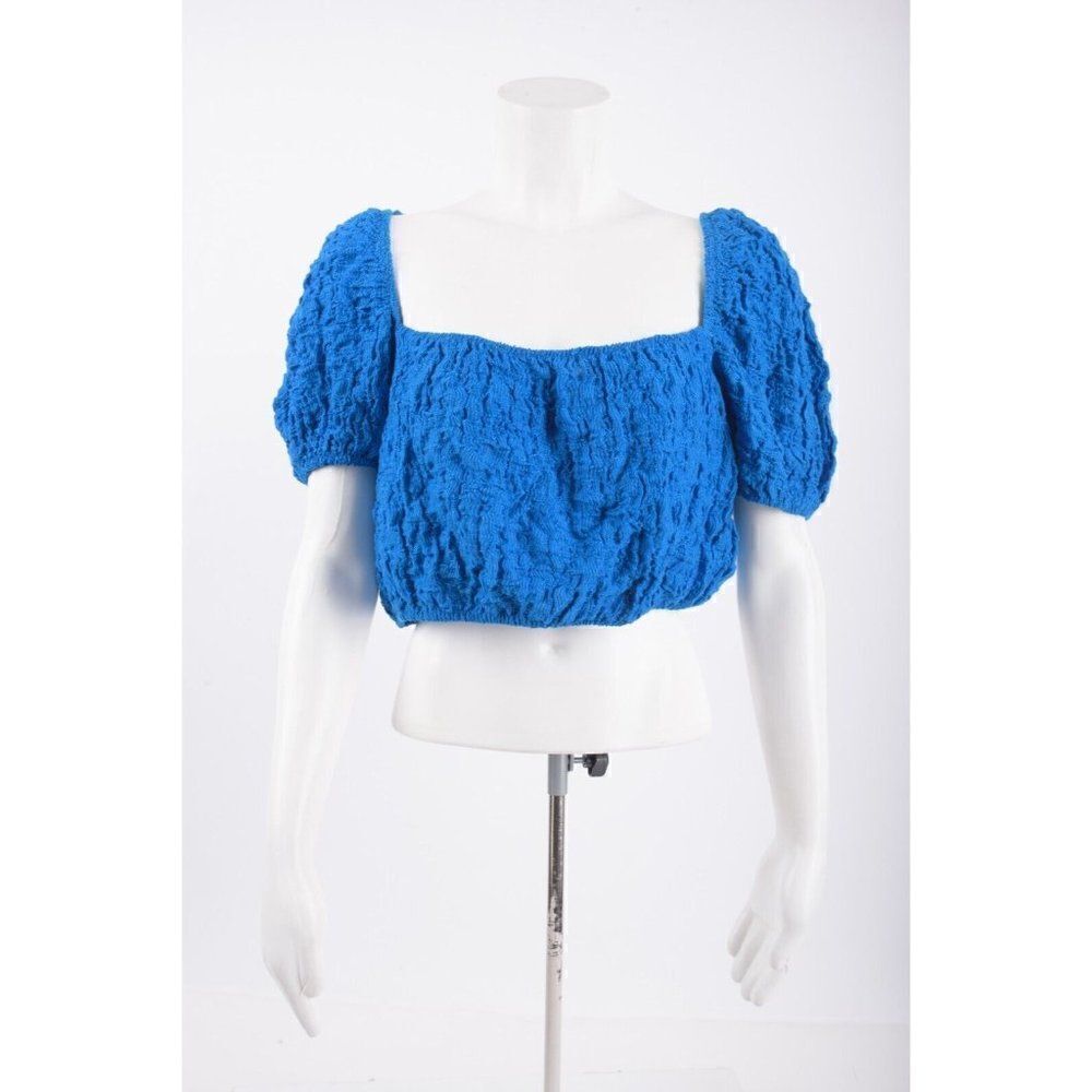 Zara Textured Crop Top Shirt Puff Sleeve L Blue 1930/423 NWT